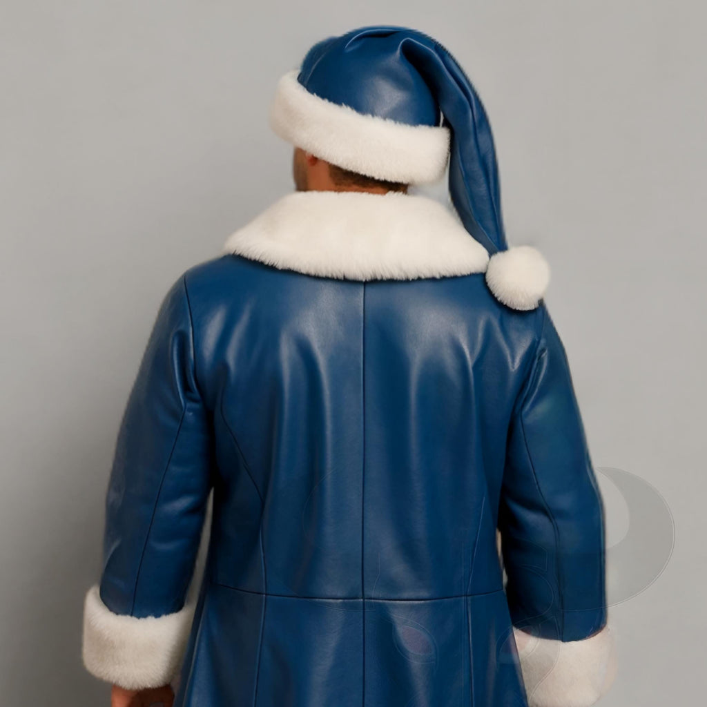 Blue Santa Claus Coat Men Faux Fur Trim Christmas Costume Leather Jacket | Christmas Outfit