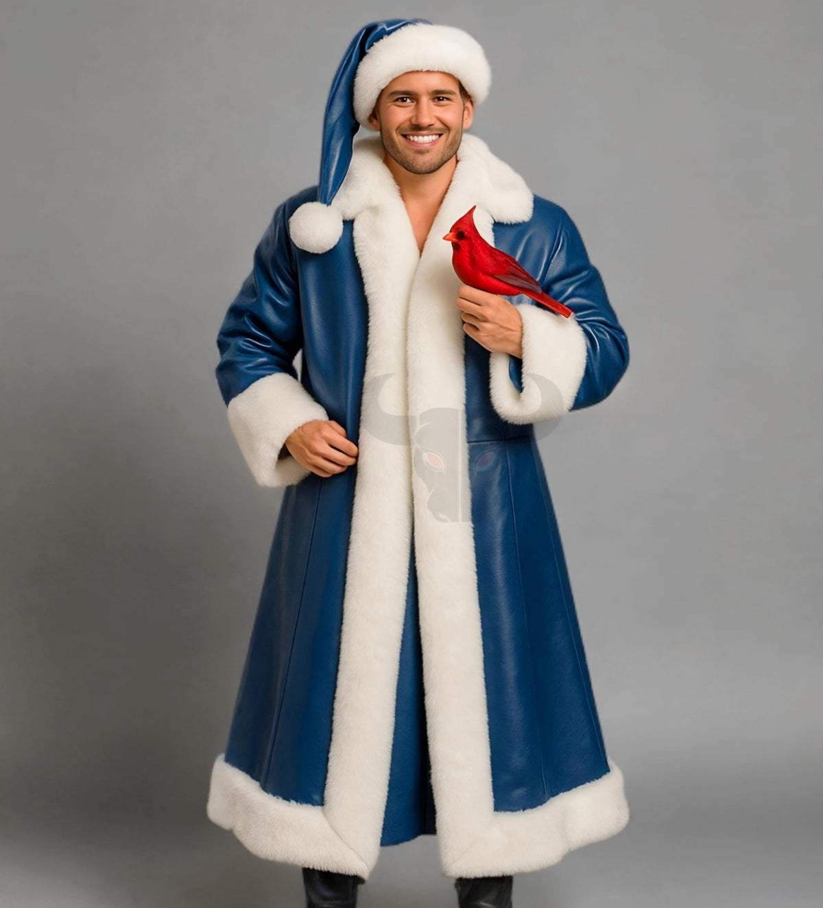 Blue Santa Claus Coat Men Faux Fur Trim Christmas Costume Leather Jacket | Christmas Outfit