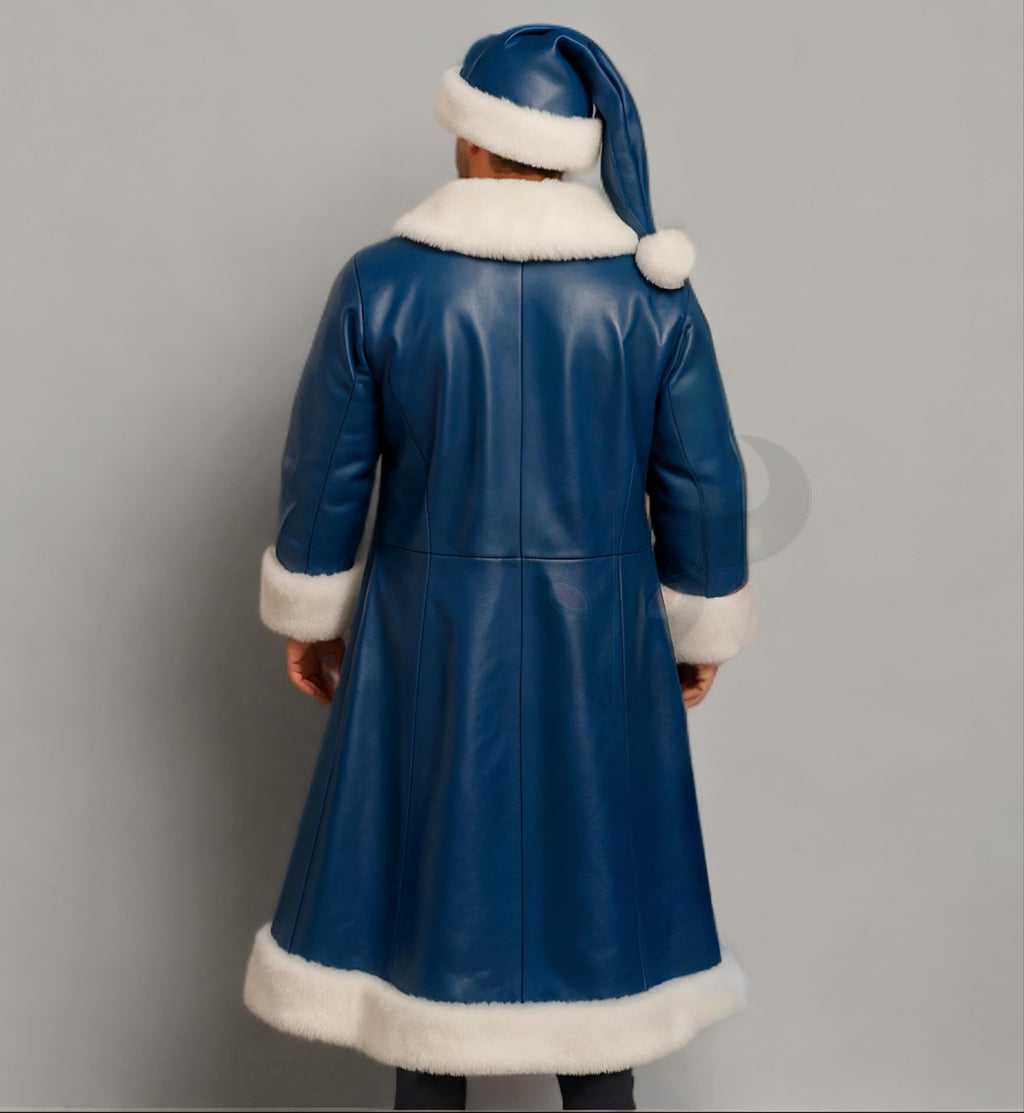 Blue Santa Claus Coat Men Faux Fur Trim Christmas Costume Leather Jacket | Christmas Outfit