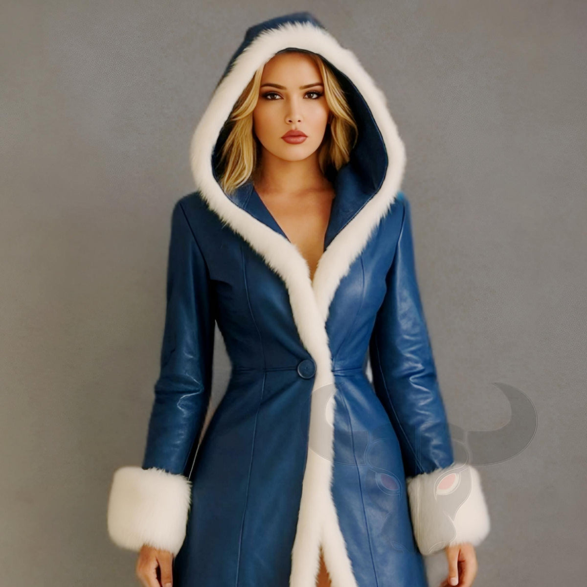 Women Blue Leather Winter Coat Hood Faux Fur Trim Long Warm Overcoat | Christmas Outfit