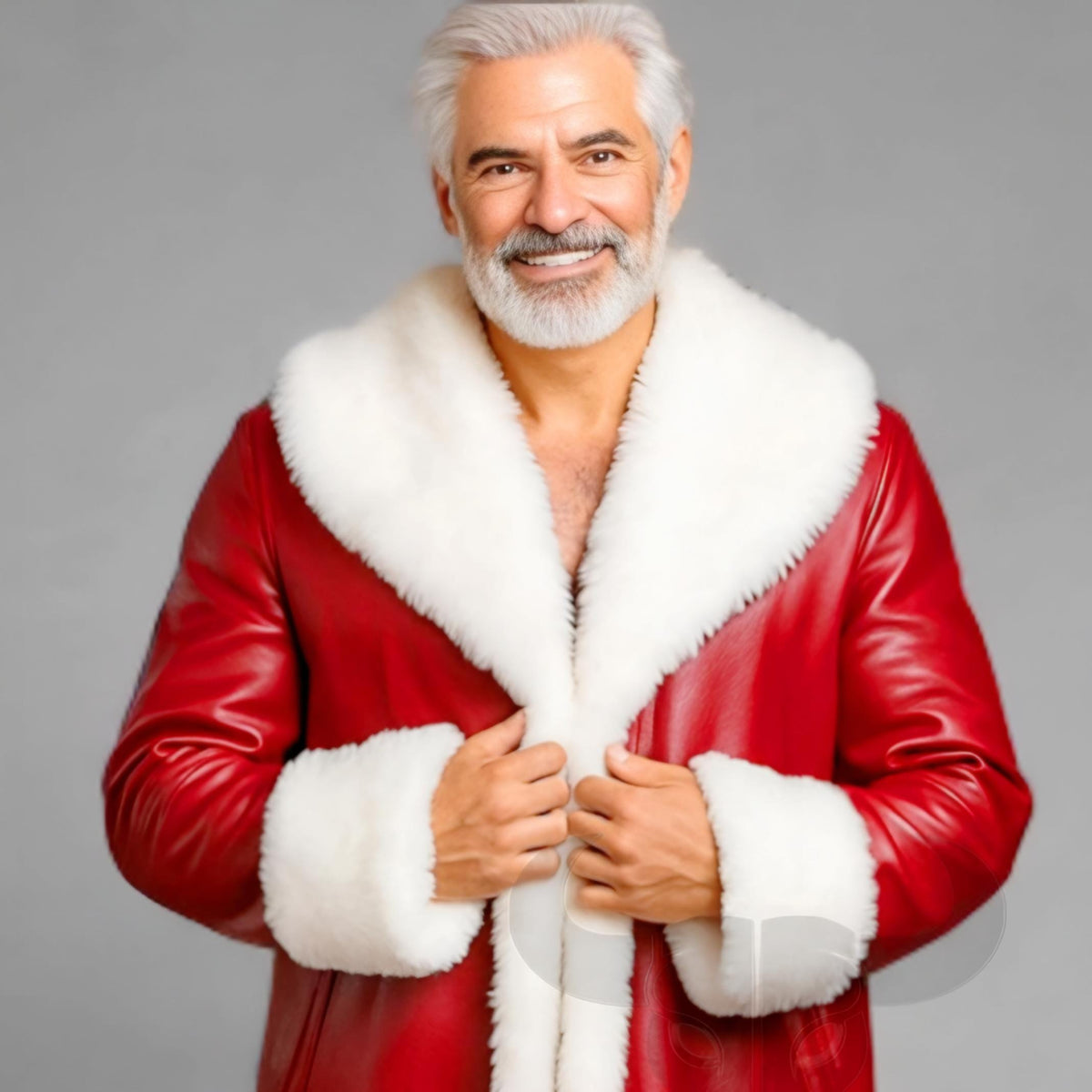 Men Red Leather Santa Coat White Fur Trim Christmas Cosplay Winter Jacket | Christmas Outfit