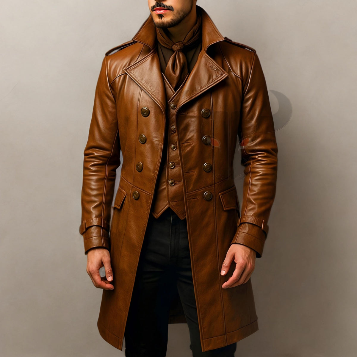 Men’s Brown Leather Trench Coat | Vintage Double-Breasted Long Jacket | Handmade Steampunk Outerwear