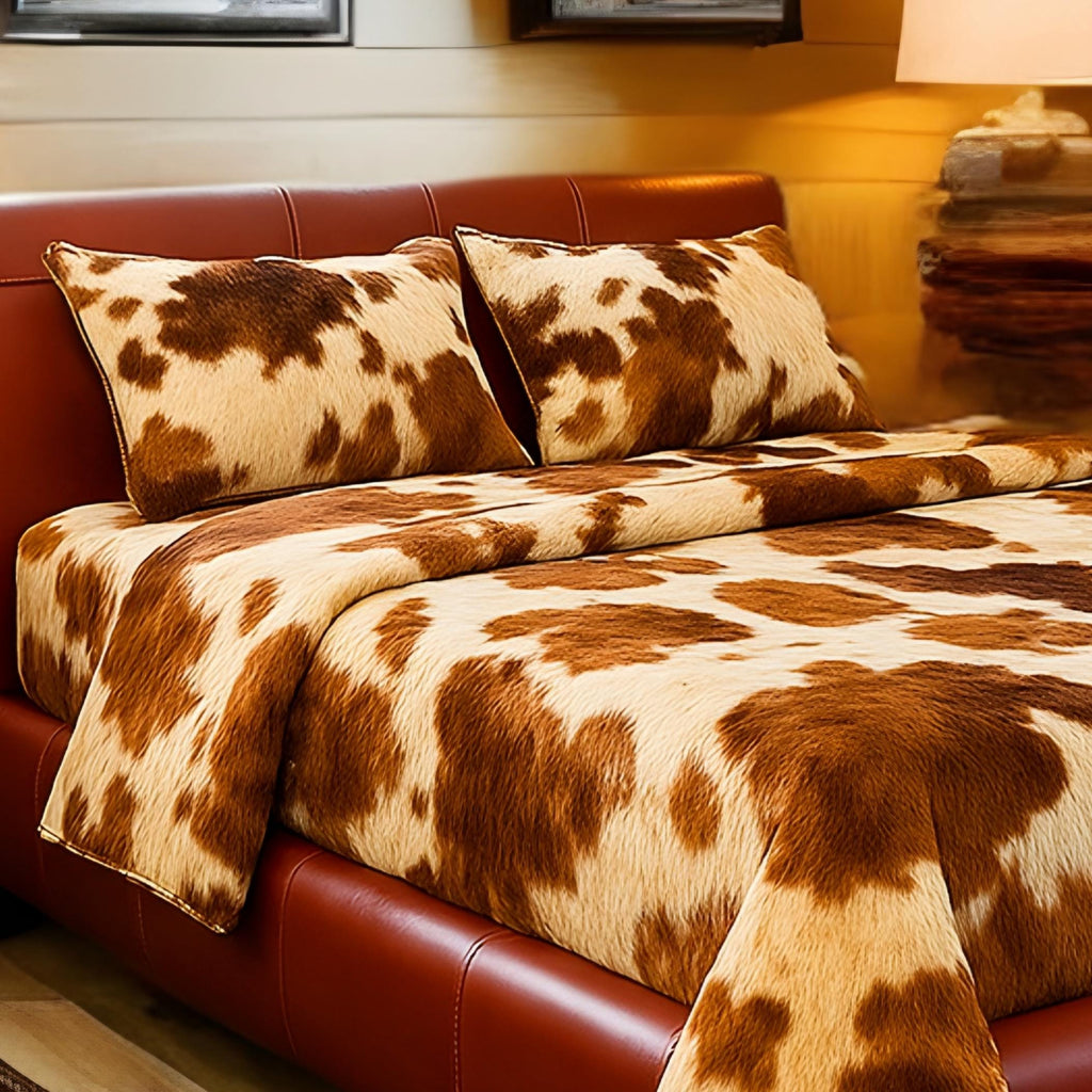 Cowhide Leather Fur Bedding Set | Western Rustic Blanket & Pillow Covers | Luxury Faux Hide Decor