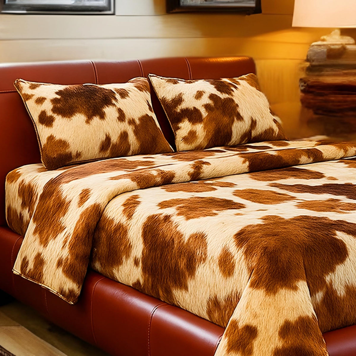 Cowhide Leather Fur Bedding Set | Western Rustic Blanket & Pillow Covers | Luxury Faux Hide Decor