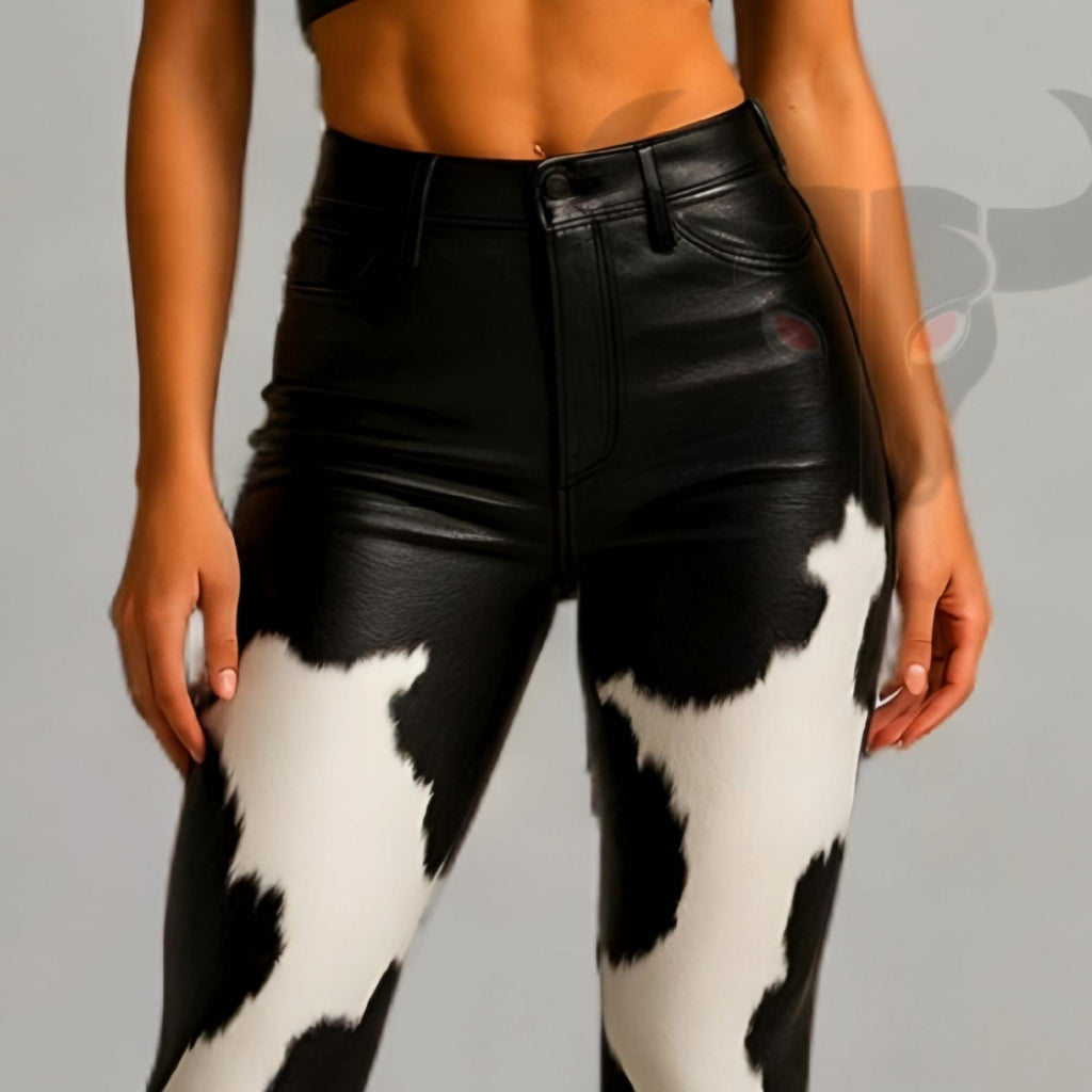 Women’s Cowhide Leather Flare Pants | High Waist Western Hair-On Trousers | Handmade Outfit