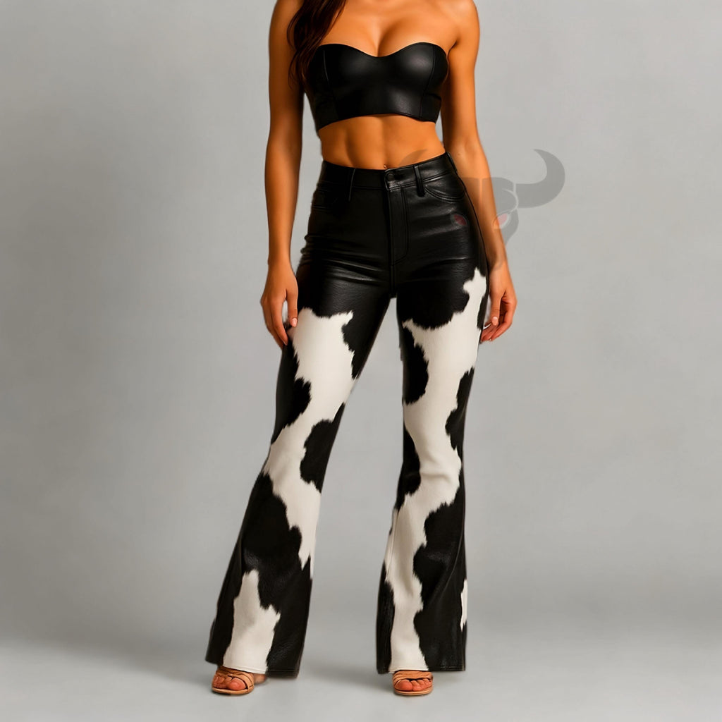 Women’s Cowhide Leather Flare Pants | High Waist Western Hair-On Trousers | Handmade Outfit