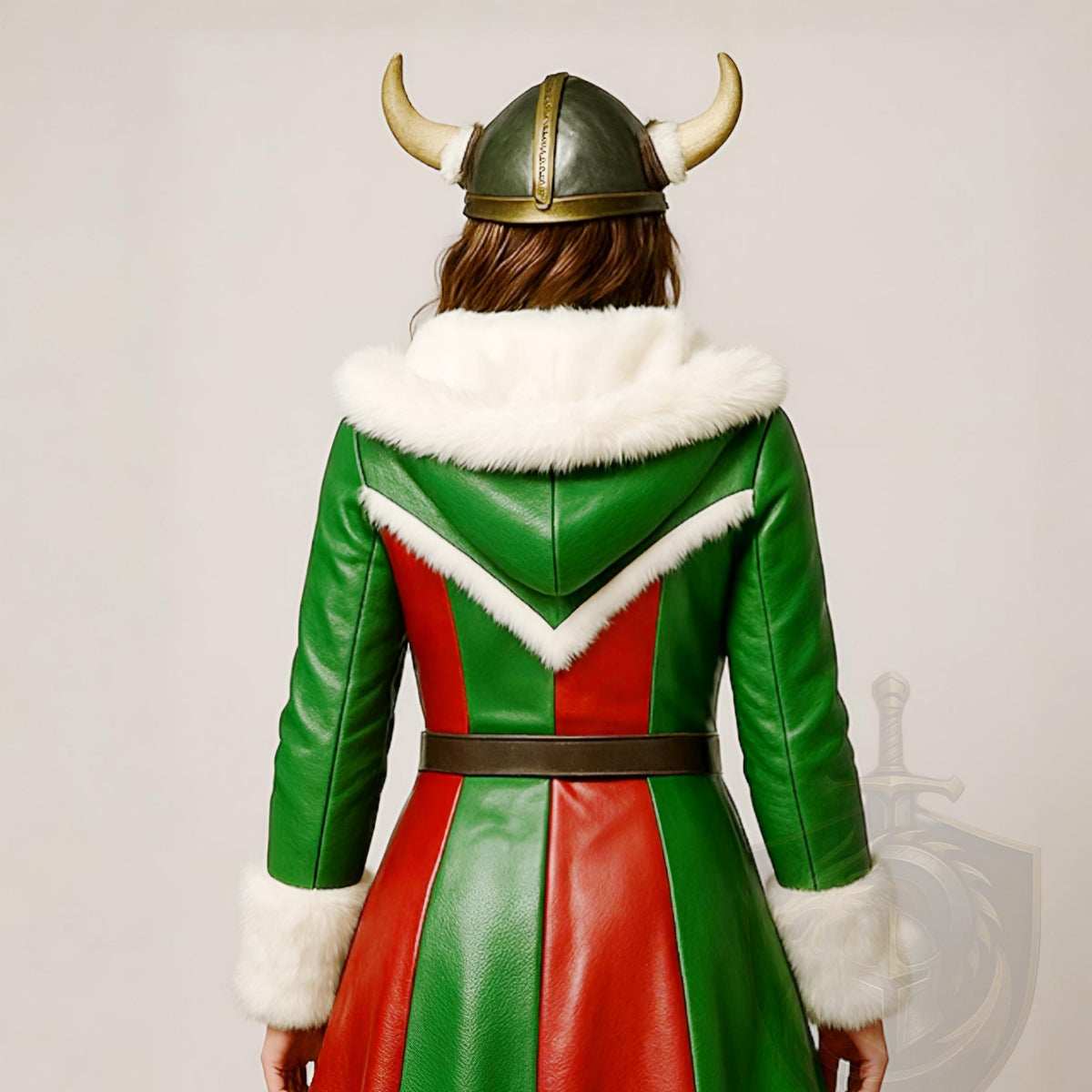 Women Viking Christmas Leather Coat Green Red Fur Trim Cosplay Costume Winter Festival Wear
