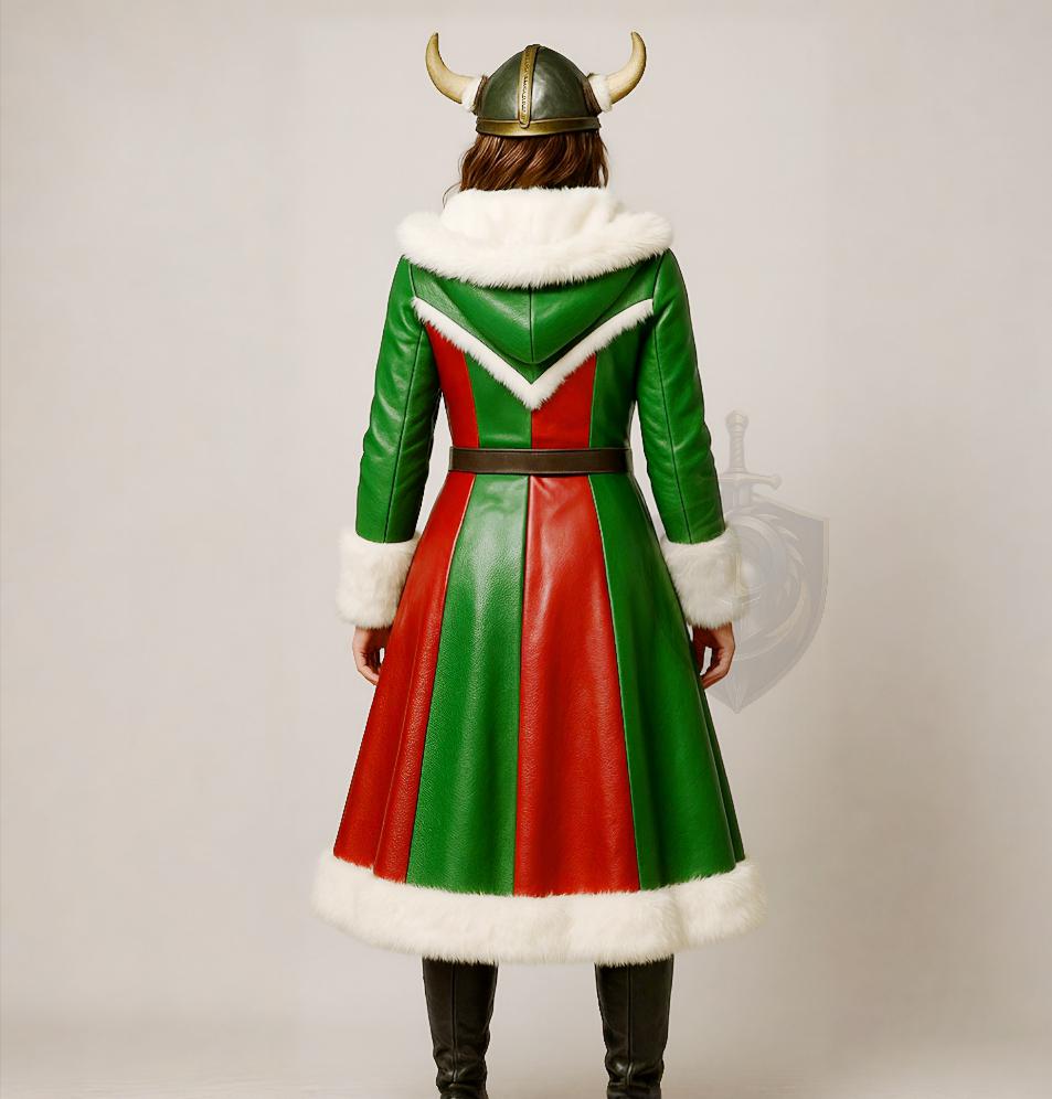 Women Viking Christmas Leather Coat Green Red Fur Trim Cosplay Costume Winter Festival Wear