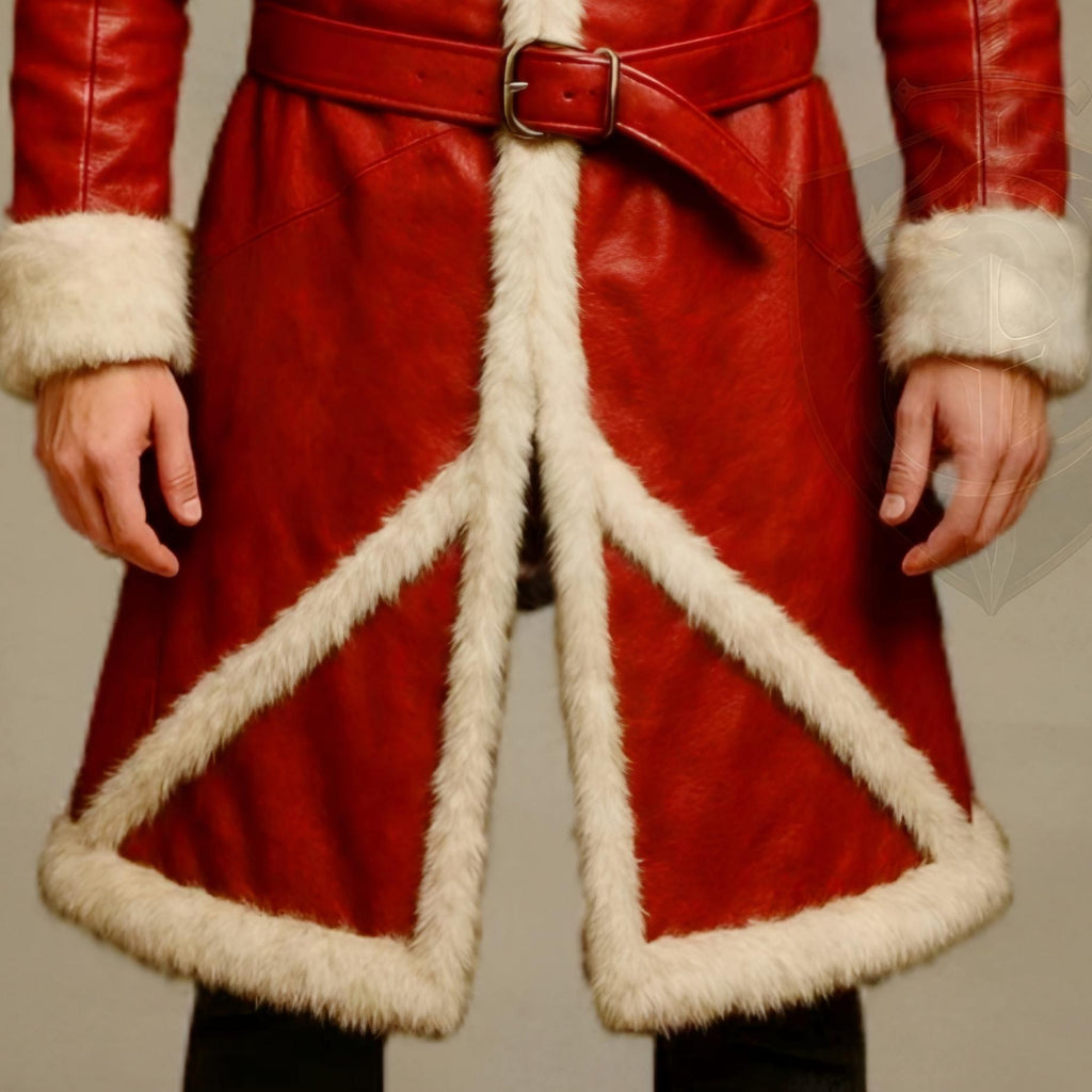 Men Red Leather Santa Coat with Fur Trim Hooded Long Winter Jacket | Christmas Outfit