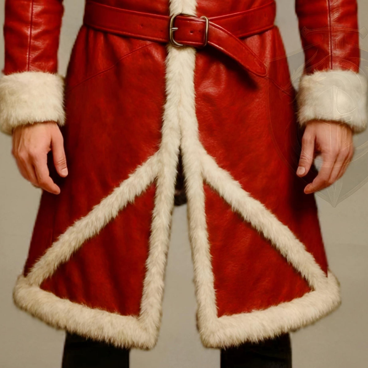 Men Red Leather Santa Coat with Fur Trim Hooded Long Winter Jacket | Christmas Outfit