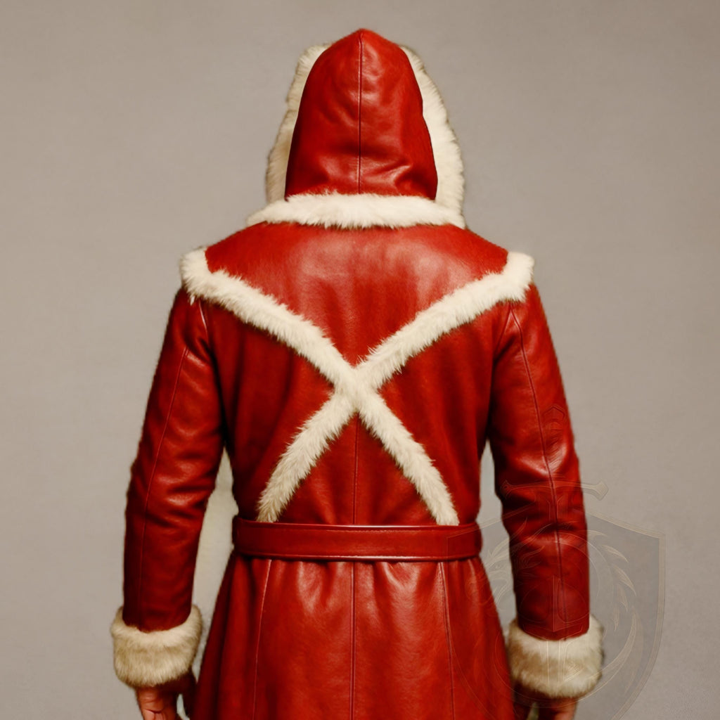 Men Red Leather Santa Coat with Fur Trim Hooded Long Winter Jacket | Christmas Outfit