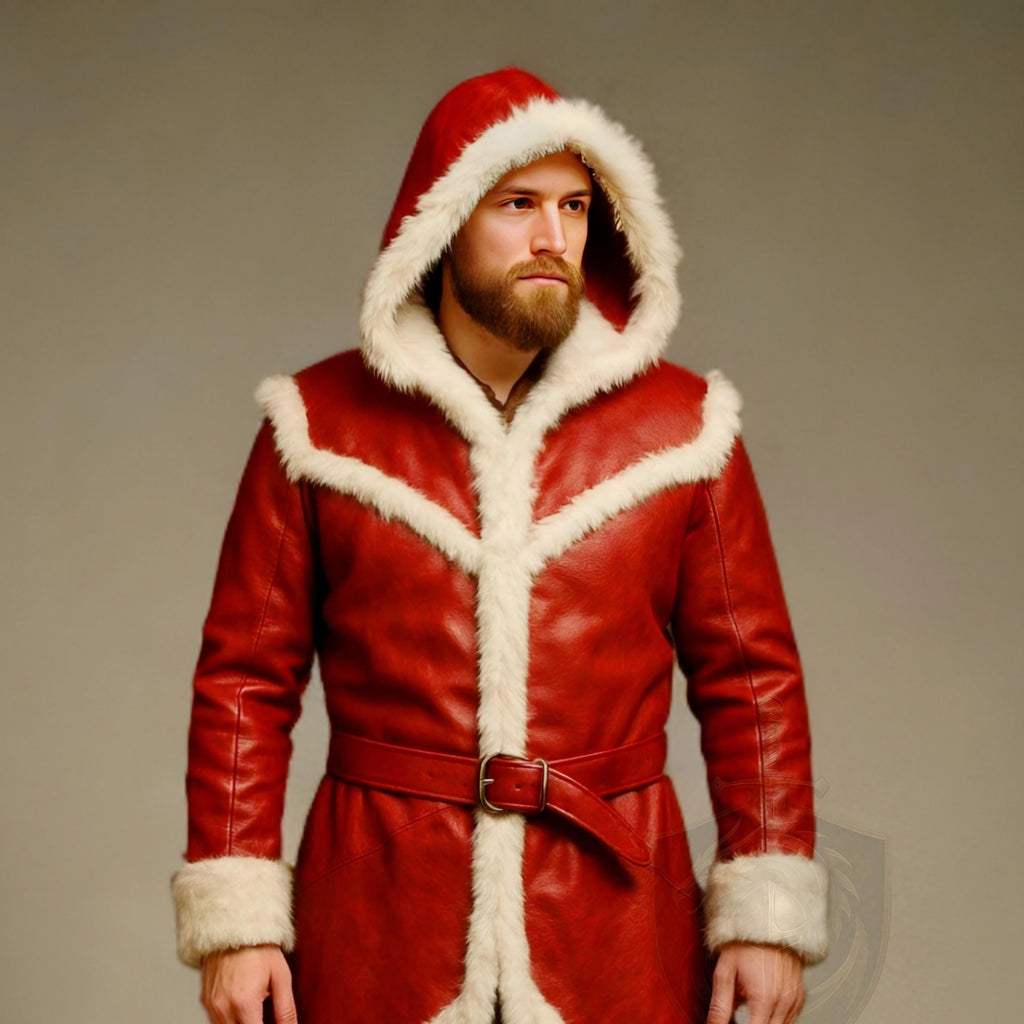 Men Red Leather Santa Coat with Fur Trim Hooded Long Winter Jacket | Christmas Outfit