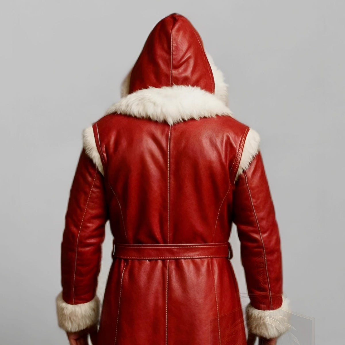Men Red Leather Fur Trim Coat Hooded Winter Shearling Jacket Cosplay Overcoat | Christmas Outfit