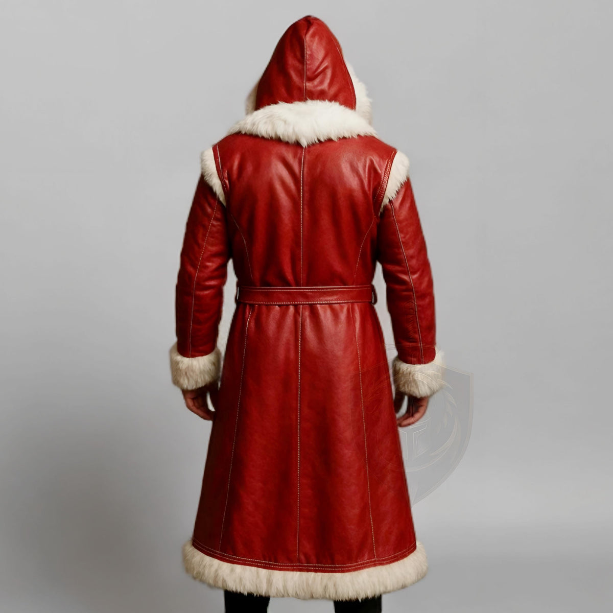 Men Red Leather Fur Trim Coat Hooded Winter Shearling Jacket Cosplay Overcoat | Christmas Outfit
