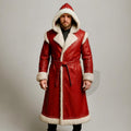 Men Red Leather Fur Trim Coat Hooded Winter Shearling Jacket Cosplay Overcoat | Christmas Outfit