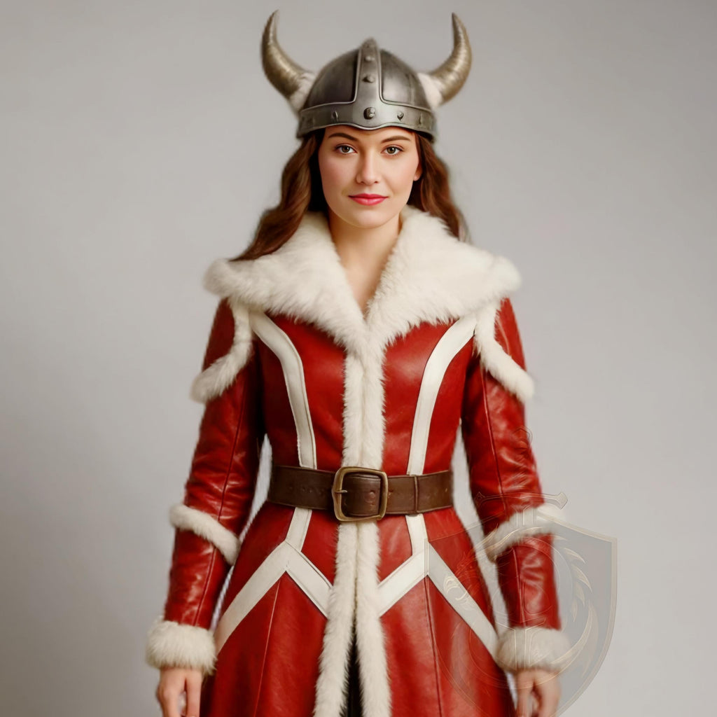 Women Viking Red Leather Fur Coat | Norse Warrior Winter Cosplay Long Jacket | Christmas Outfit
