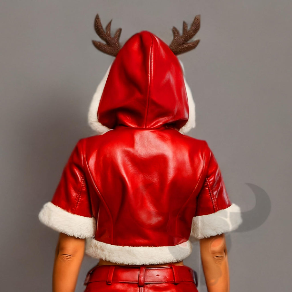 Christmas Reindeer Costume for Women Faux Leather Santa Outfit with Fur Trim Hood
