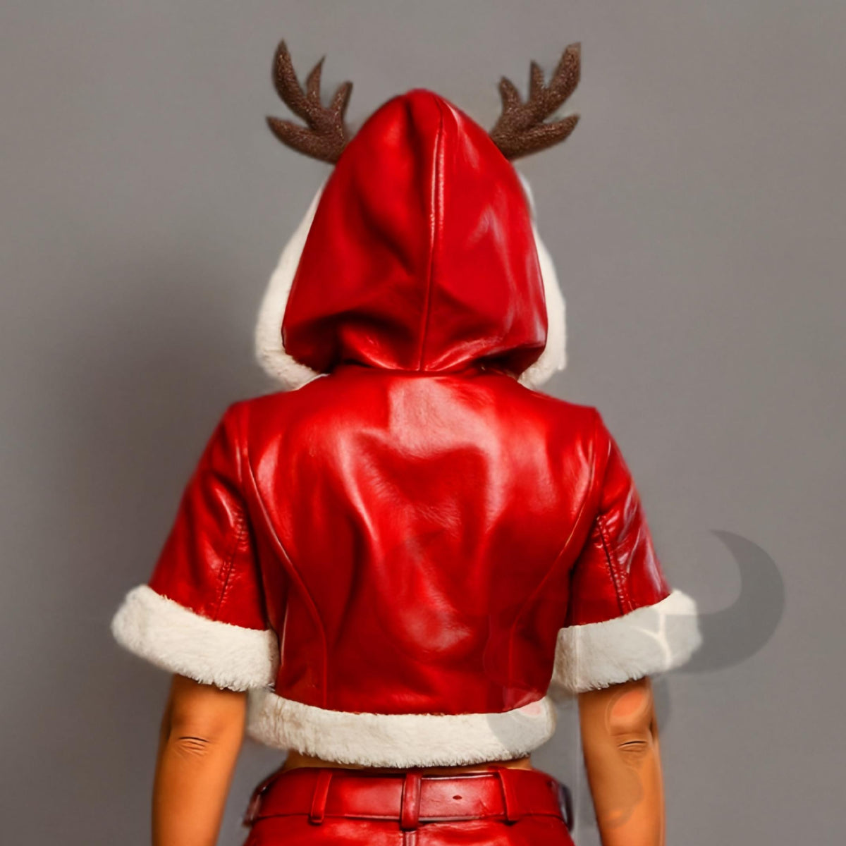 Christmas Reindeer Costume for Women Faux Leather Santa Outfit with Fur Trim Hood