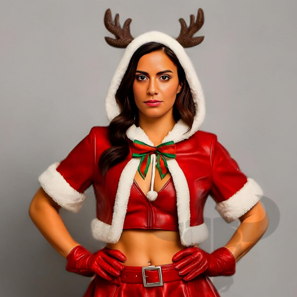 Christmas Reindeer Costume for Women Faux Leather Santa Outfit with Fur Trim Hood