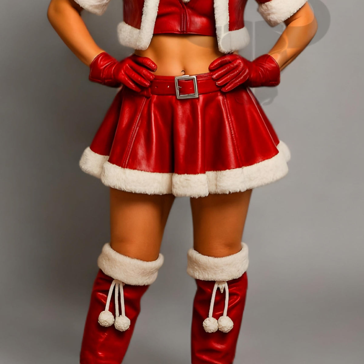 Christmas Reindeer Costume for Women Faux Leather Santa Outfit with Fur Trim Hood