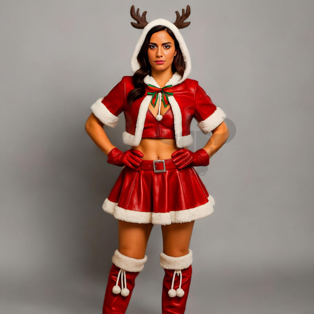Christmas Reindeer Costume for Women Faux Leather Santa Outfit with Fur Trim Hood