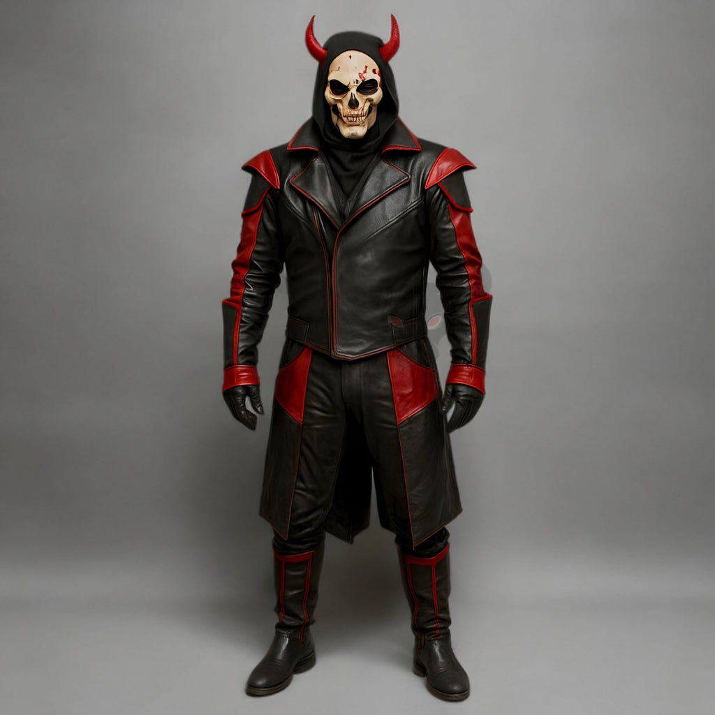 Handmade Demon Skull Leather Costume Set Men Red Black Devil Cosplay Jacket Pants Outfit