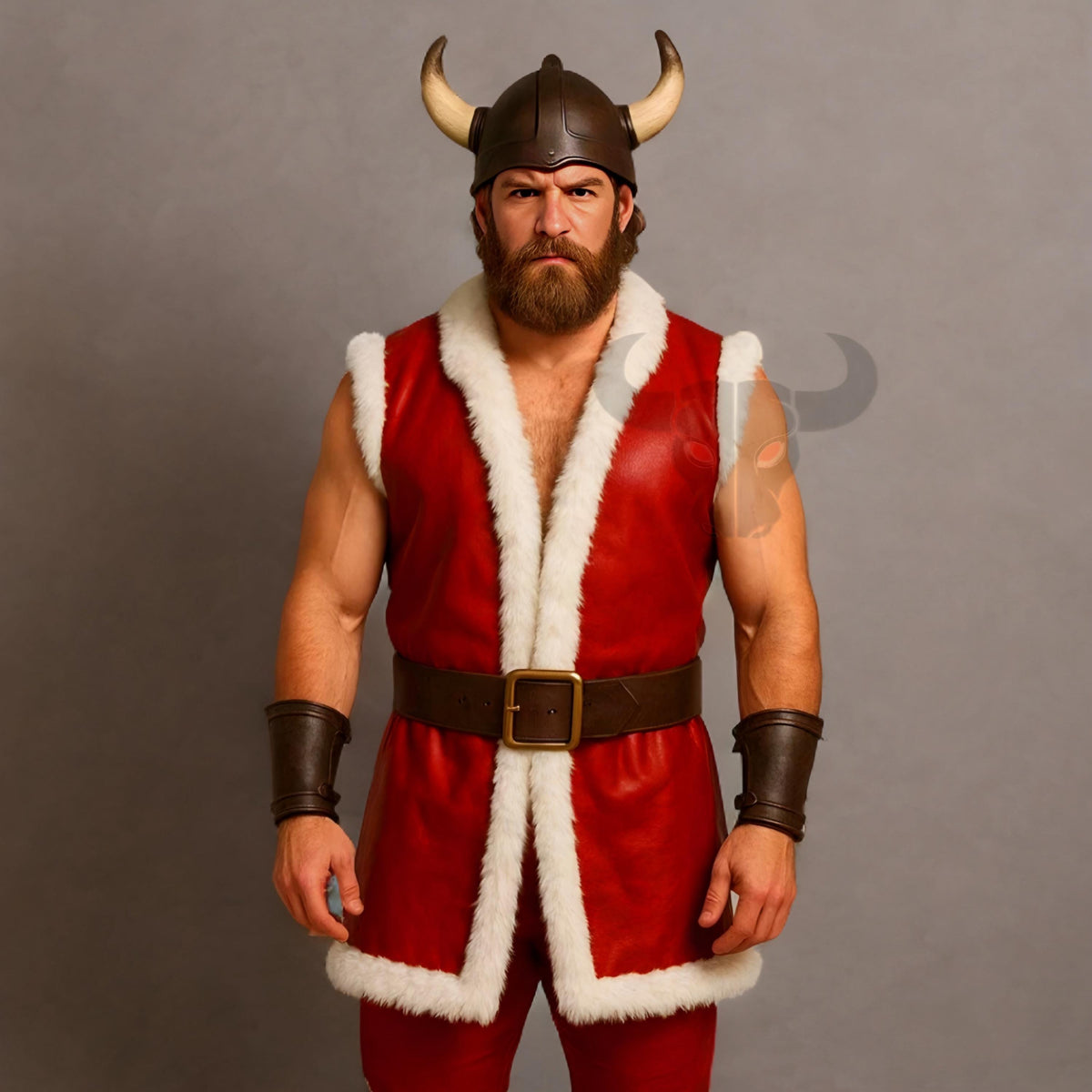 Men’s Christmas Leather Vest Viking Santa Costume Red Fur Trim Holiday Cosplay Outfit