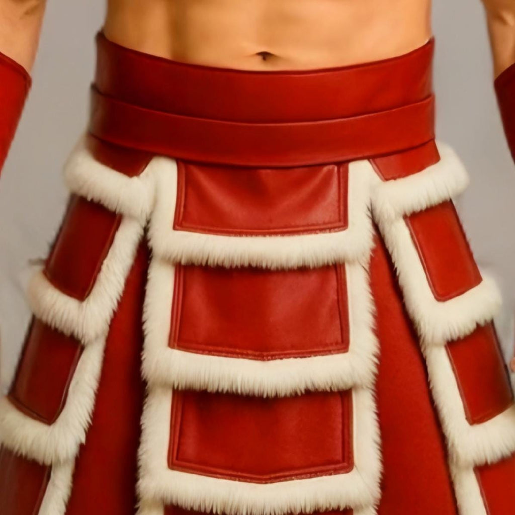 Handmade Red Leather Gladiator Kilt for Men | Fur Trim Warrior Skirt Costume