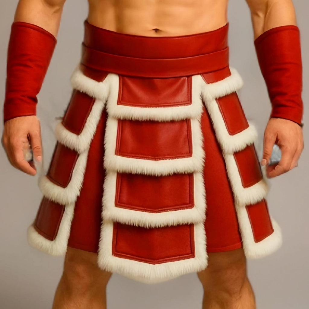 Handmade Red Leather Gladiator Kilt for Men | Fur Trim Warrior Skirt Costume