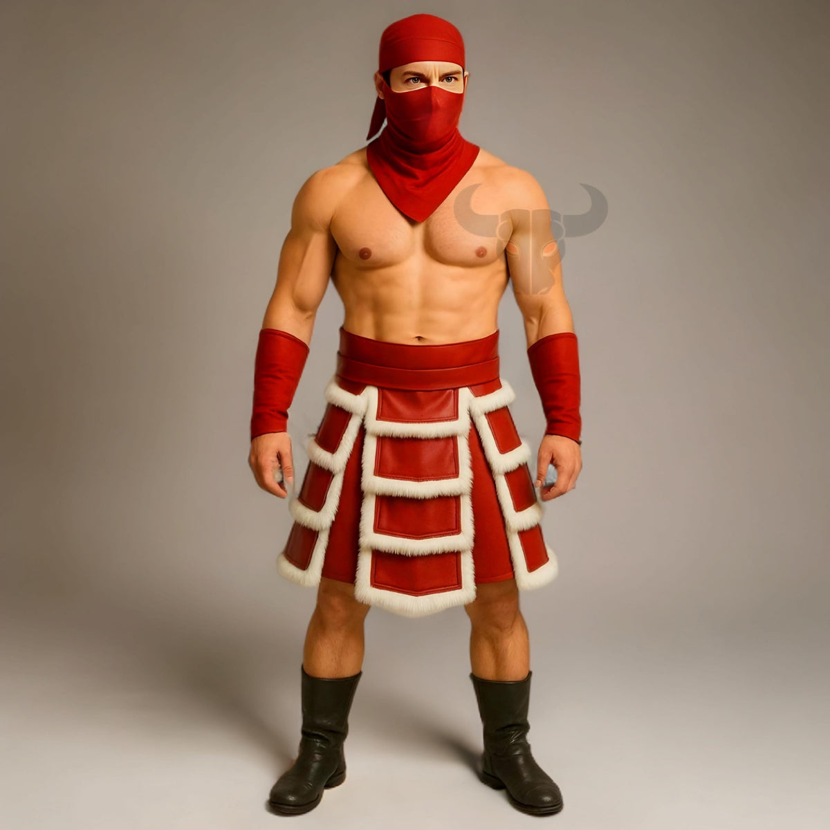 Handmade Red Leather Gladiator Kilt for Men | Fur Trim Warrior Skirt Costume