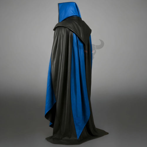 Black and Blue Hooded Leather Cloak Cosplay Costume Medieval Wizard Robe Gothic Cape