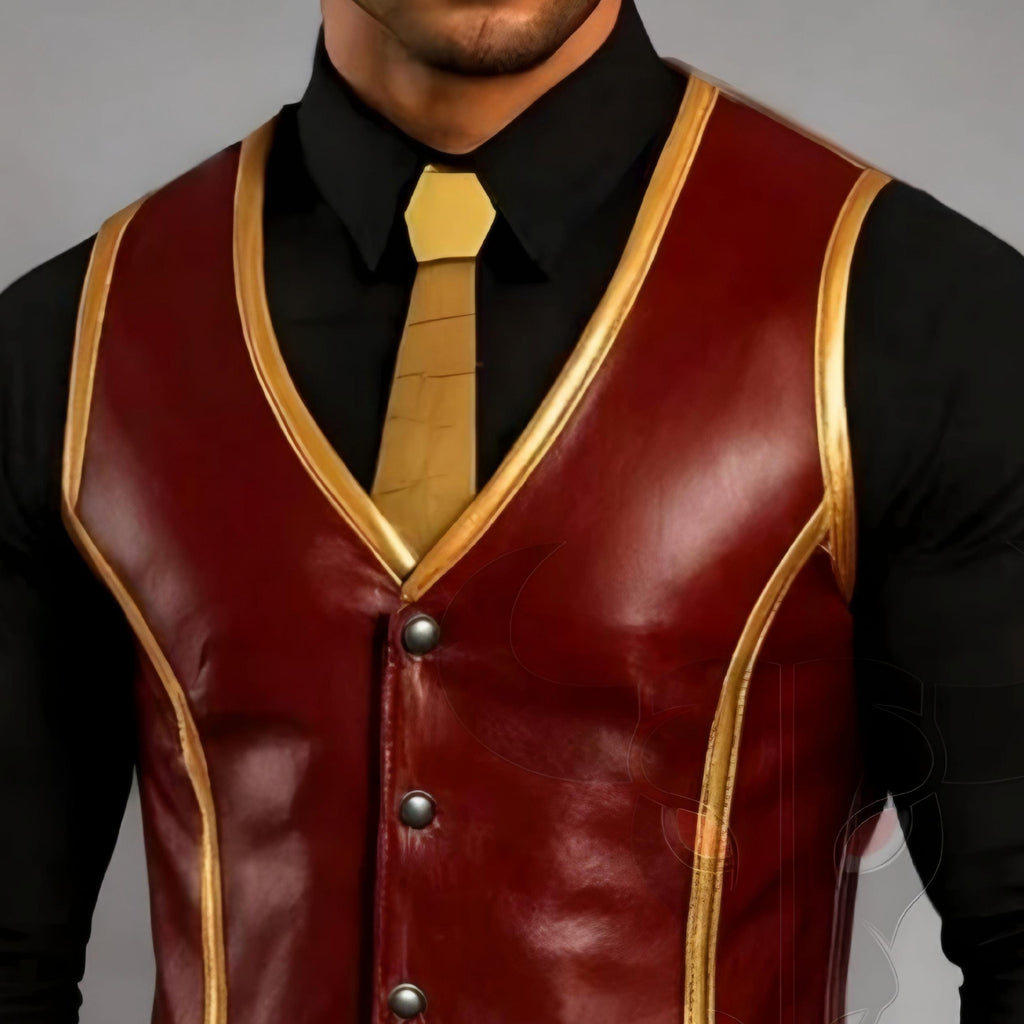 Handmade Maroon Leather Vest with Gold Trim for Men | Steampunk Cosplay Costume Outfit