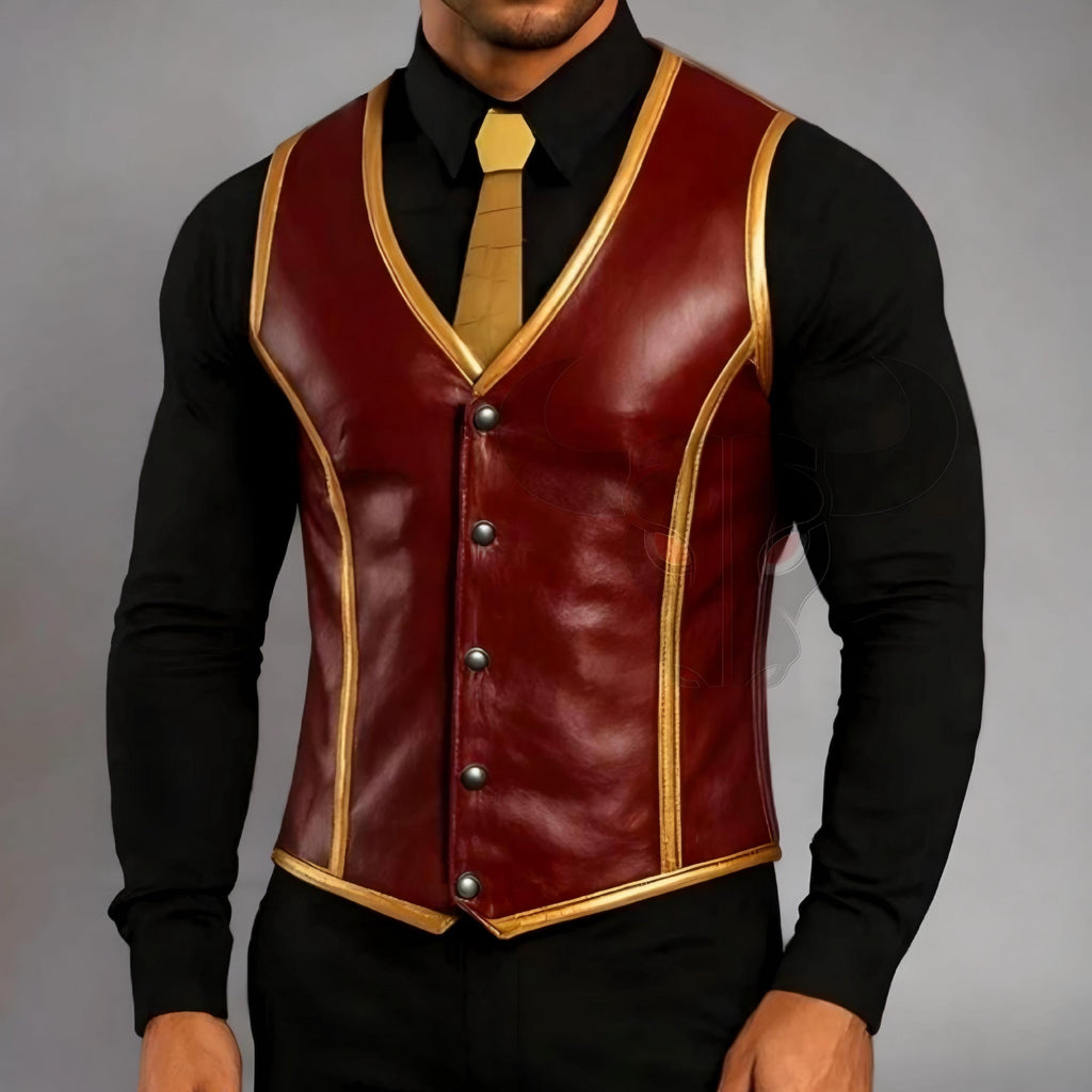 Handmade Maroon Leather Vest with Gold Trim for Men | Steampunk Cosplay Costume Outfit