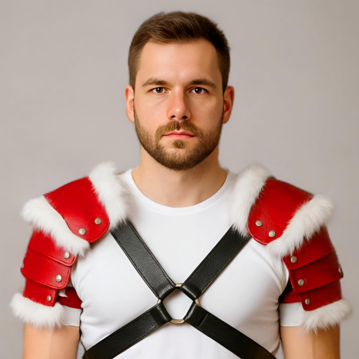 Red Leather Fur Pauldrons Shoulder Armor Harness Cosplay Costume Festival Accessory Men Rave Wear