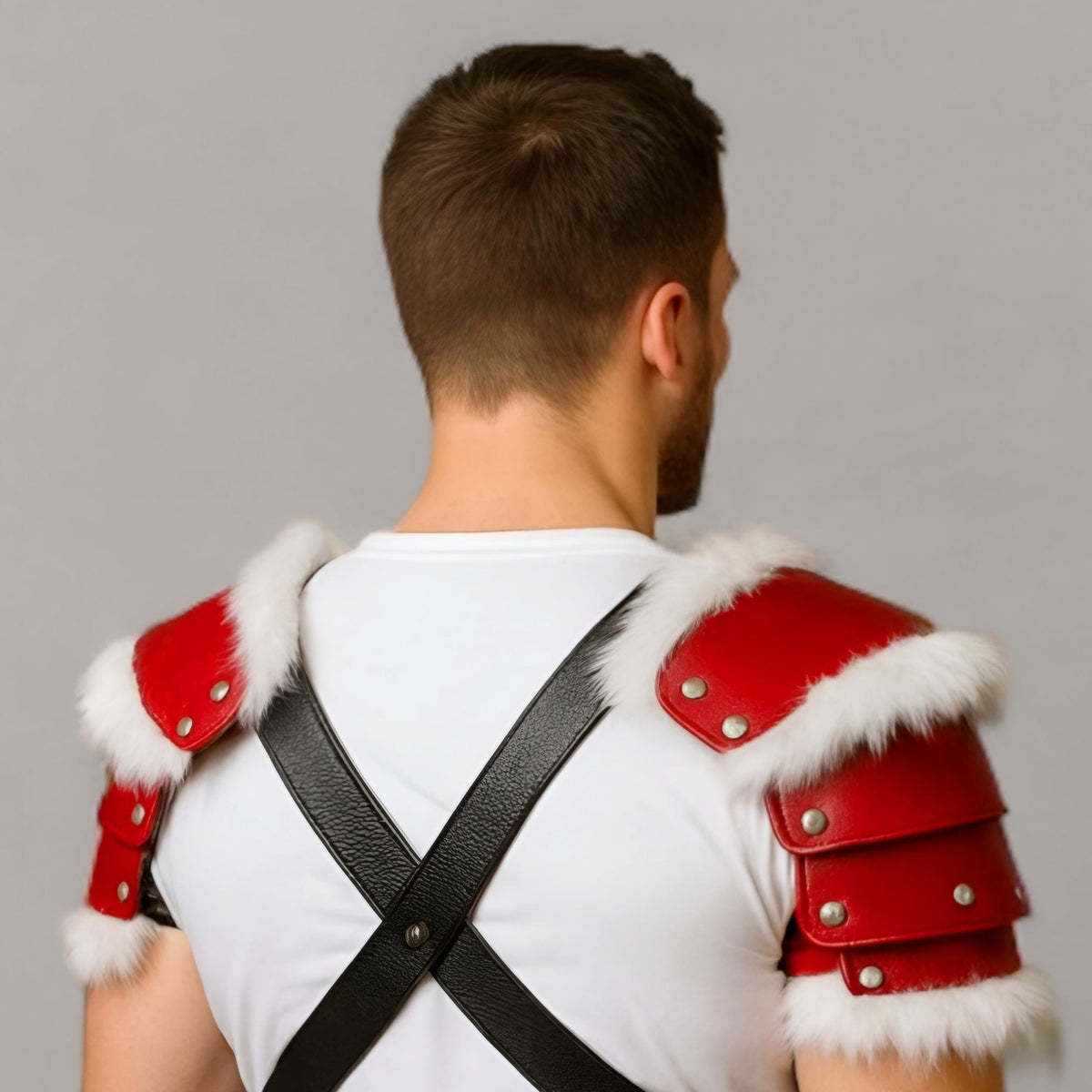 Red Leather Fur Pauldrons Shoulder Armor Harness Cosplay Costume Festival Accessory Men Rave Wear