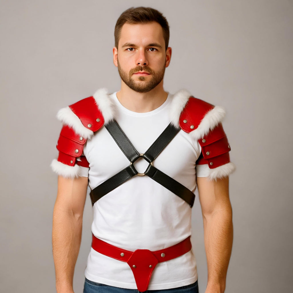 Red Leather Fur Pauldrons Shoulder Armor Harness Cosplay Costume Festival Accessory Men Rave Wear