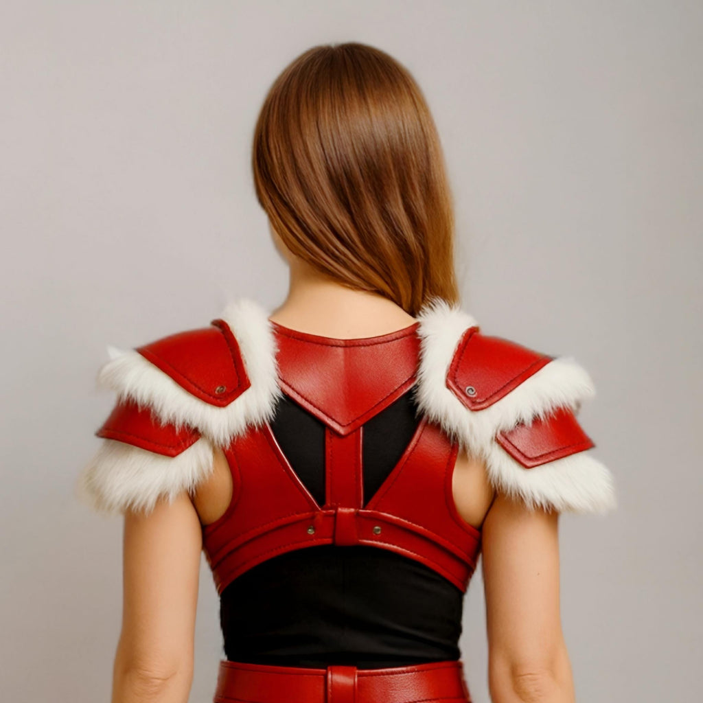Red Leather Fur Trim Cosplay Armor Shoulder Belt Skirt Costume Women LARP Outfit Set