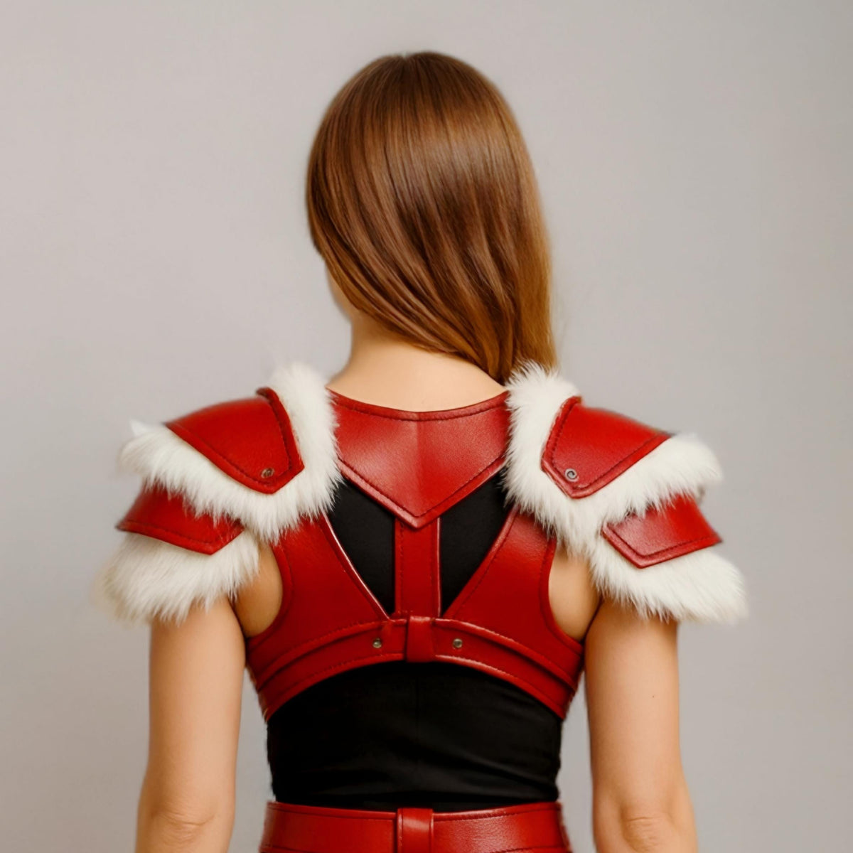 Red Leather Fur Trim Cosplay Armor Shoulder Belt Skirt Costume Women LARP Outfit Set