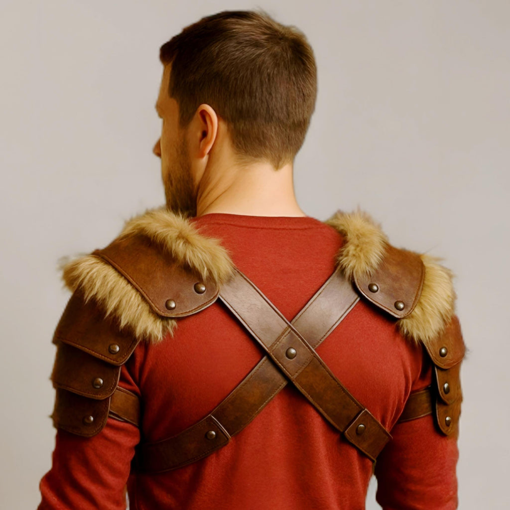 Handmade Leather Fur Shoulder Armor Pauldron for Cosplay LARP Viking Warrior Men Costume Gear