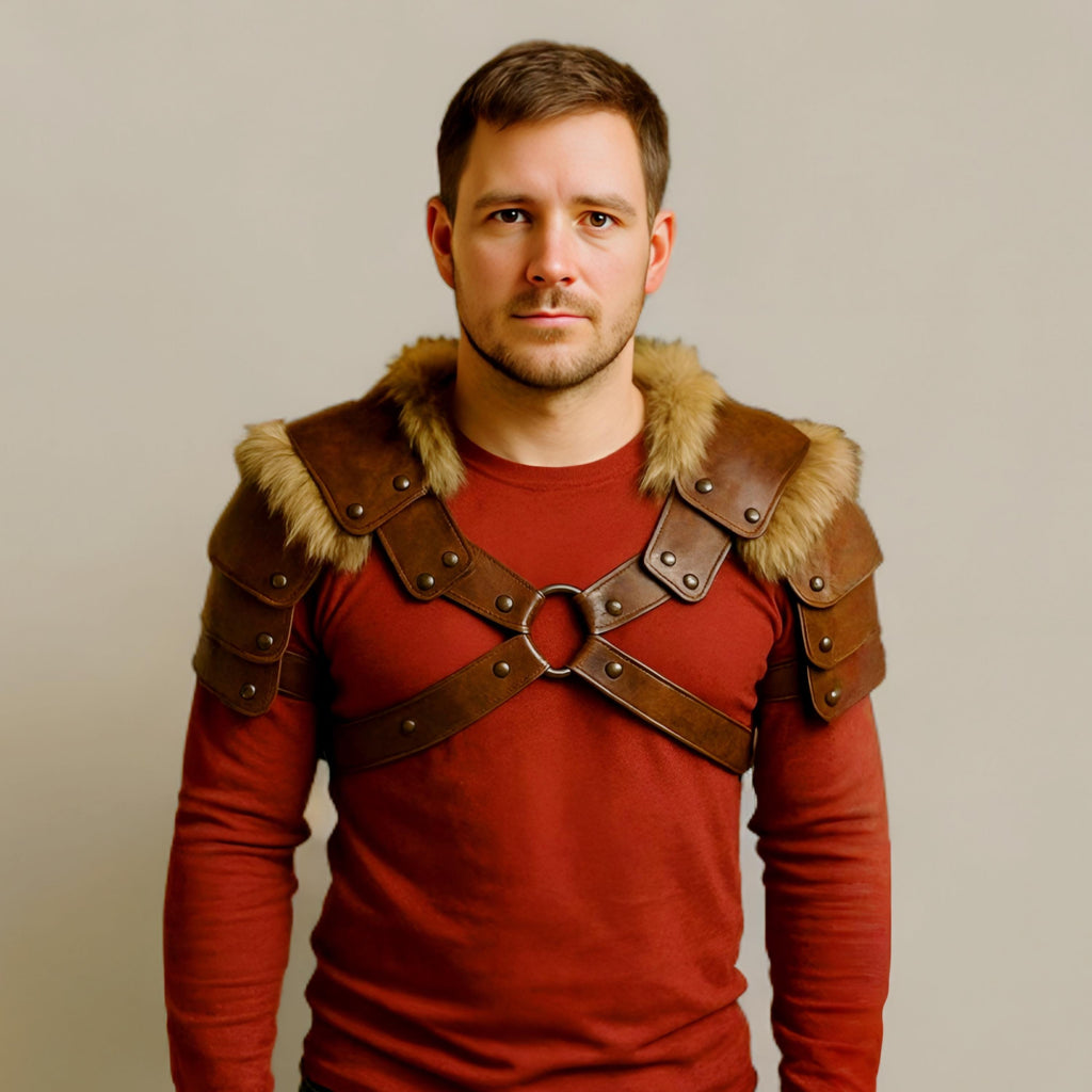 Handmade Leather Fur Shoulder Armor Pauldron for Cosplay LARP Viking Warrior Men Costume Gear