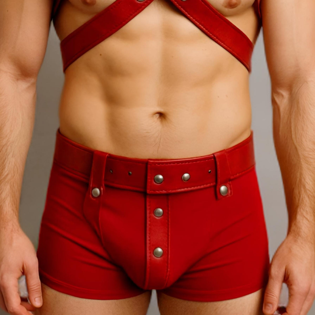 Red Leather Santa Harness and Shorts Set for Men Bold Holiday Costume Outfit
