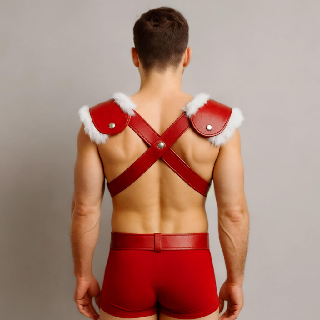 Red Leather Santa Harness and Shorts Set for Men Bold Holiday Costume Outfit