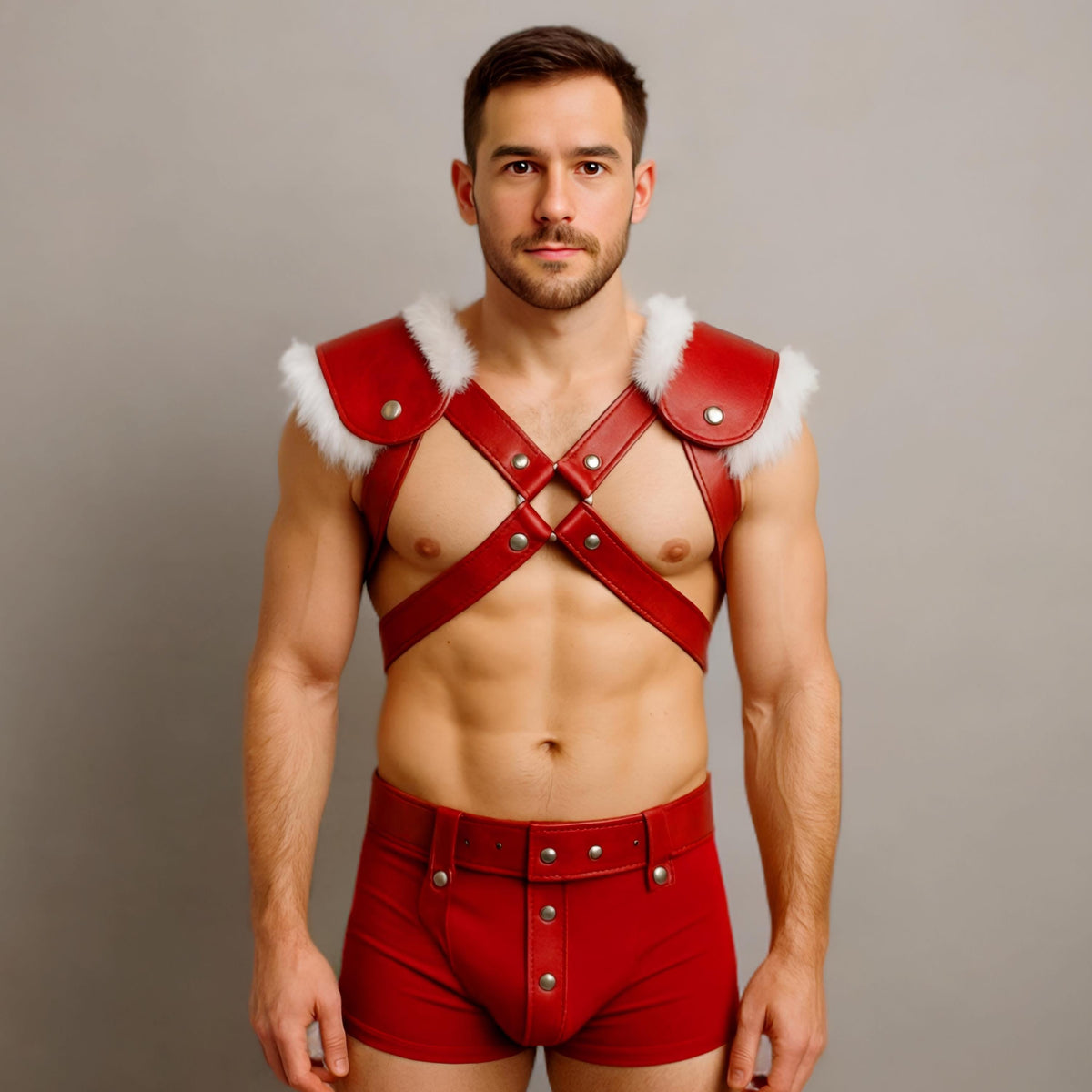 Red Leather Santa Harness and Shorts Set for Men Bold Holiday Costume Outfit