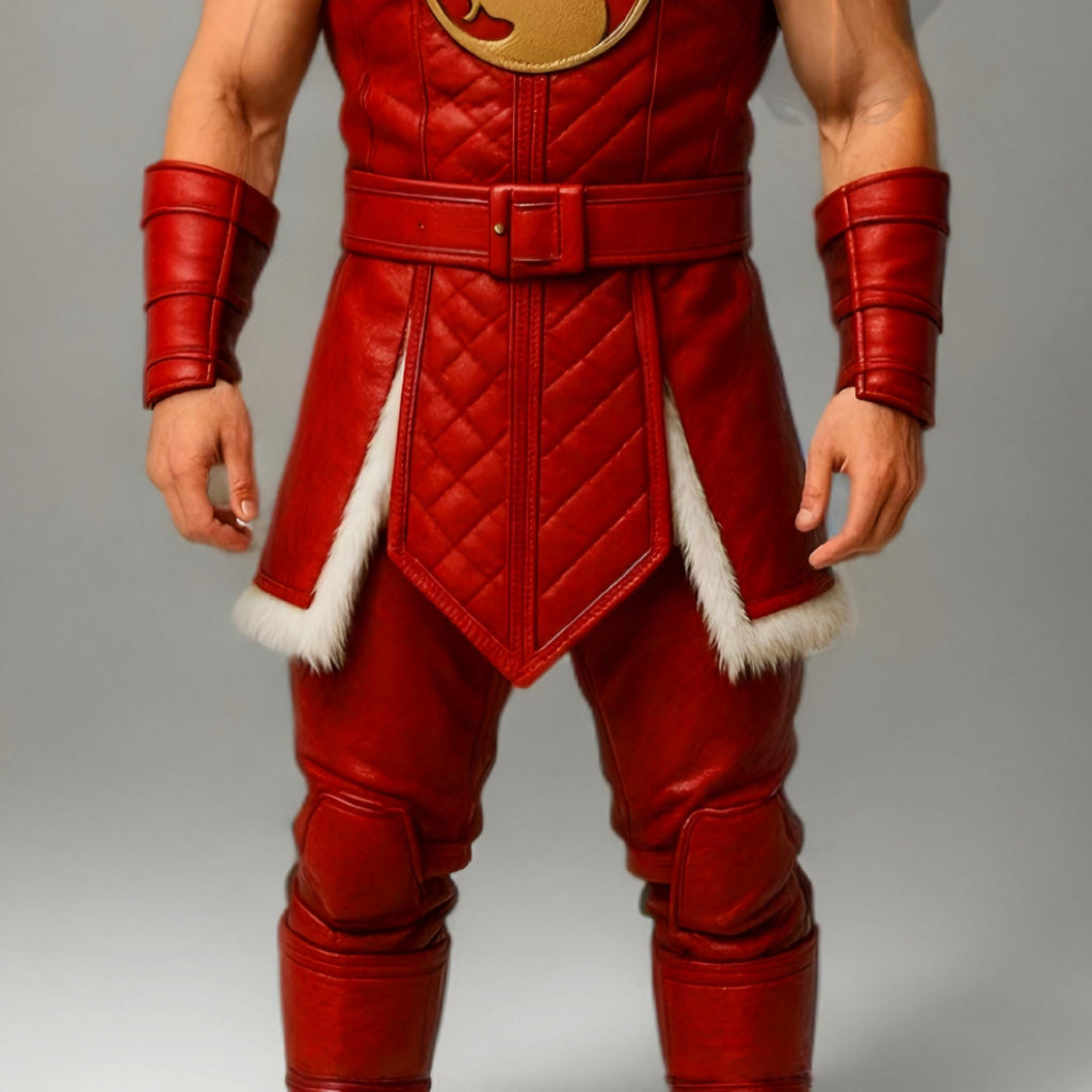 Red Leather Warrior Hooded Costume with Fur Trim | Mortal Kombat Inspired Outfit Cosplay Mens