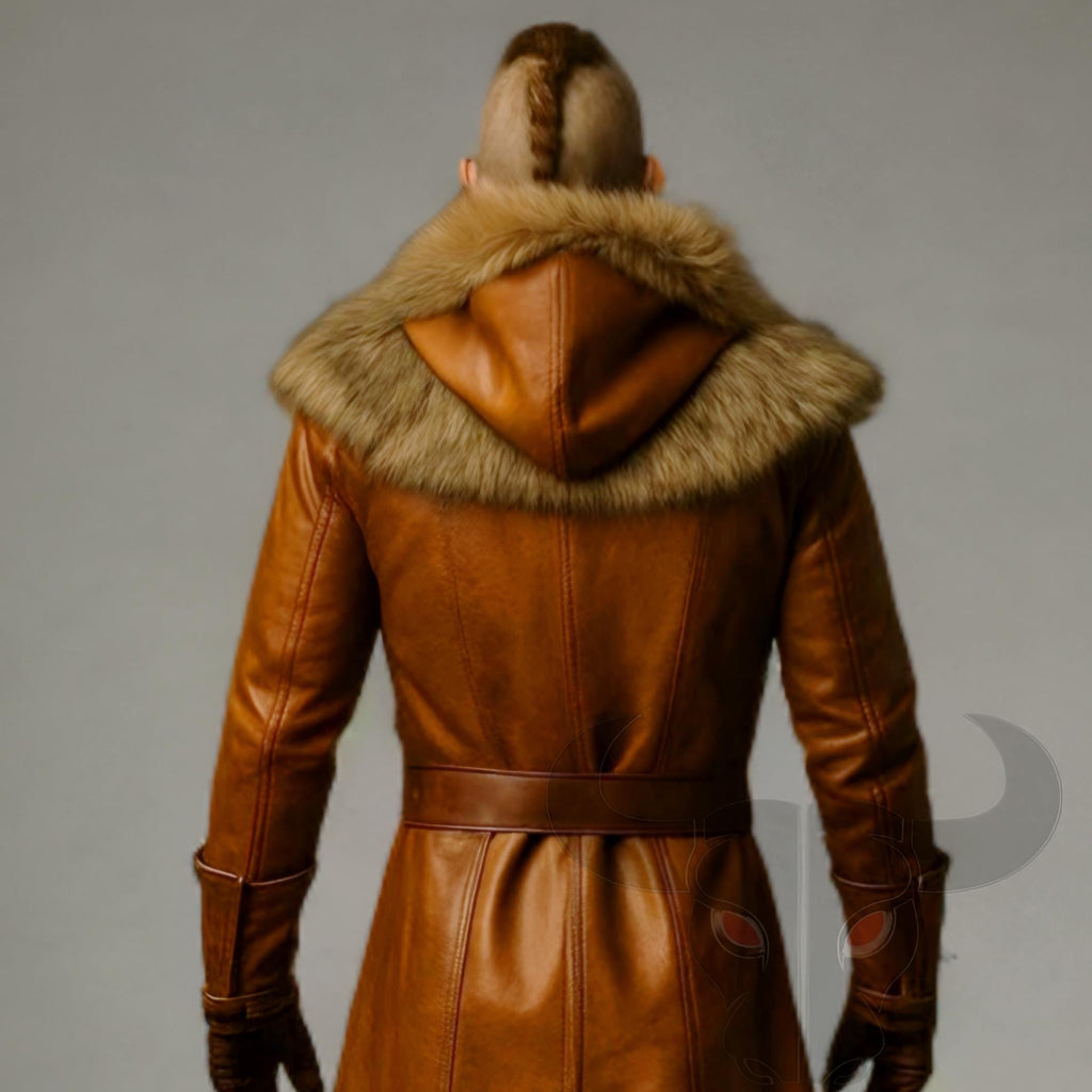 Medieval Brown Leather Coat with Fur Collar Viking Warrior Long Trench Jacket Cosplay Costume