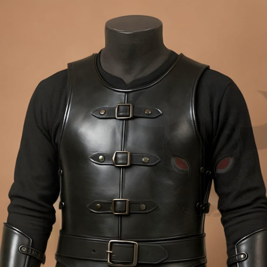 Black Leather Chest Armor Costume Medieval Warrior Chestplate with Arm Bracers for Cosplay
