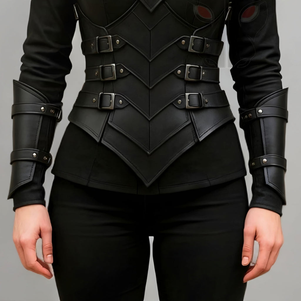 Black Leather Fantasy Warrior Armor Costume for Women Cosplay Chest piece with Fur Shoulders