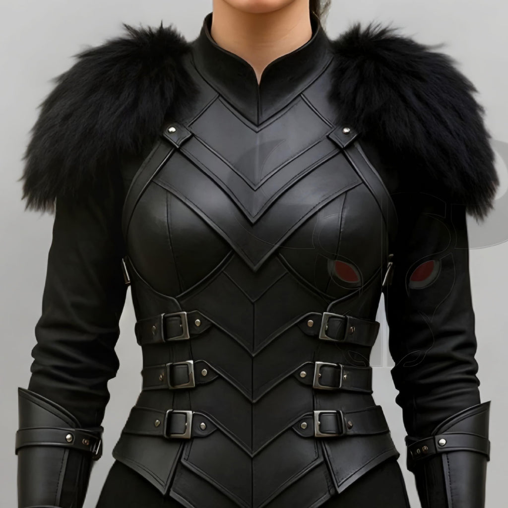 Black Leather Fantasy Warrior Armor Costume for Women Cosplay Chest piece with Fur Shoulders