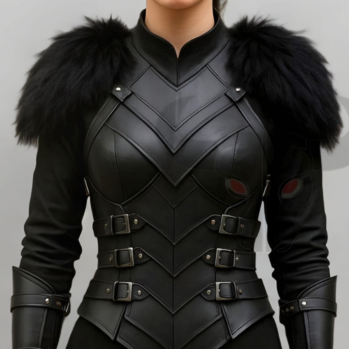 Black Leather Fantasy Warrior Armor Costume for Women Cosplay Chest piece with Fur Shoulders