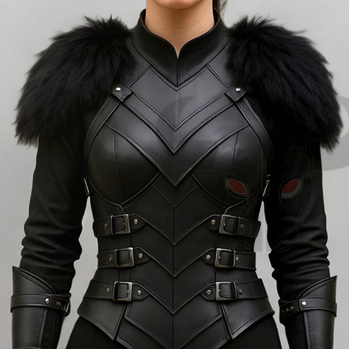 Black Leather Fantasy Warrior Armor Costume for Women Cosplay Chest piece with Fur Shoulders